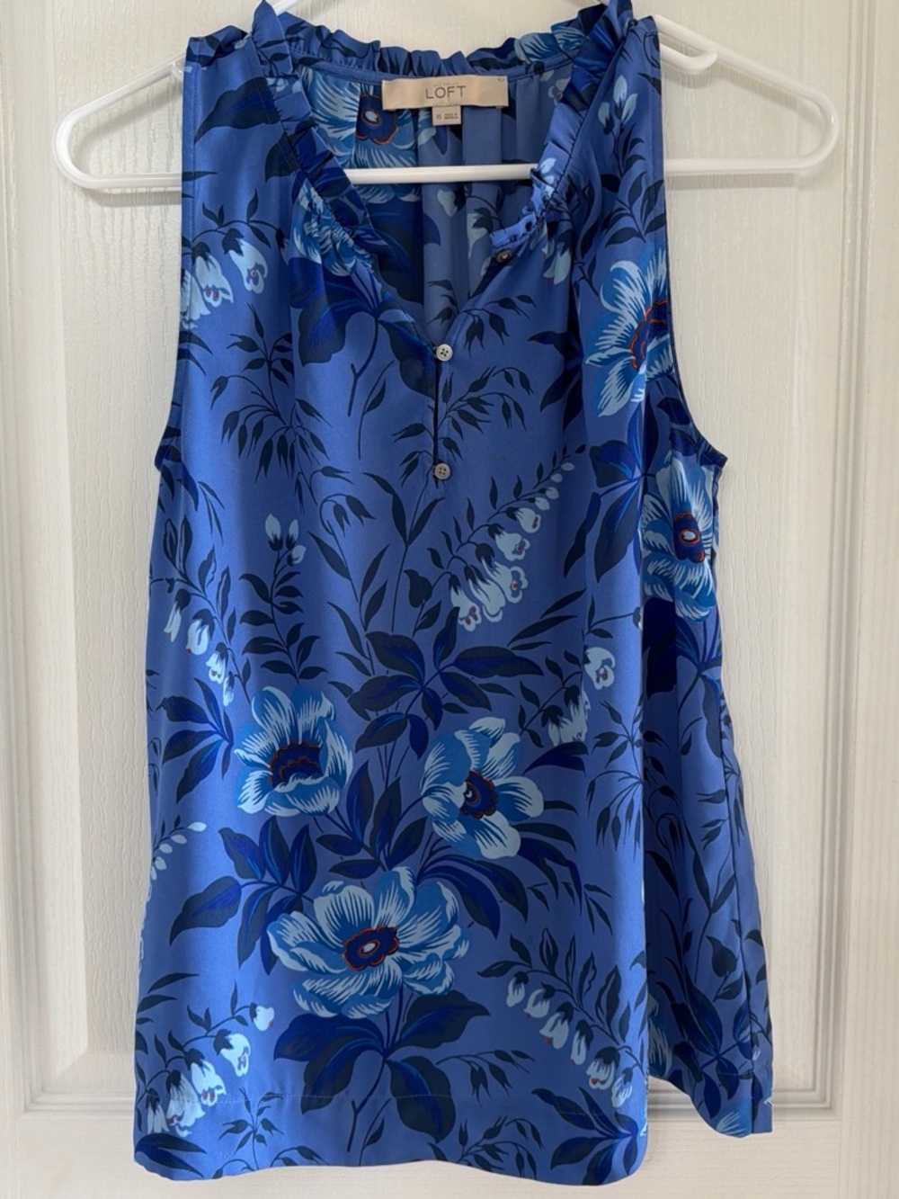 LOFT Blue Floral Ruffle-Neck Sleeveless Top